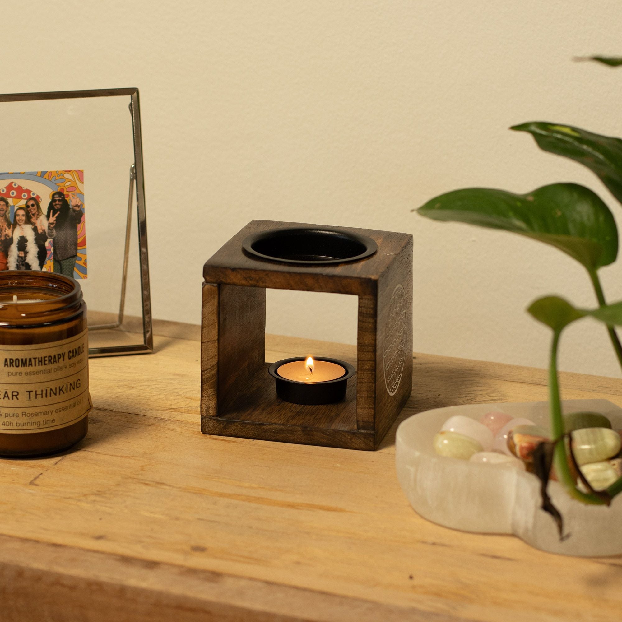 Square Mango Wood Oil Burner - Flower of Life