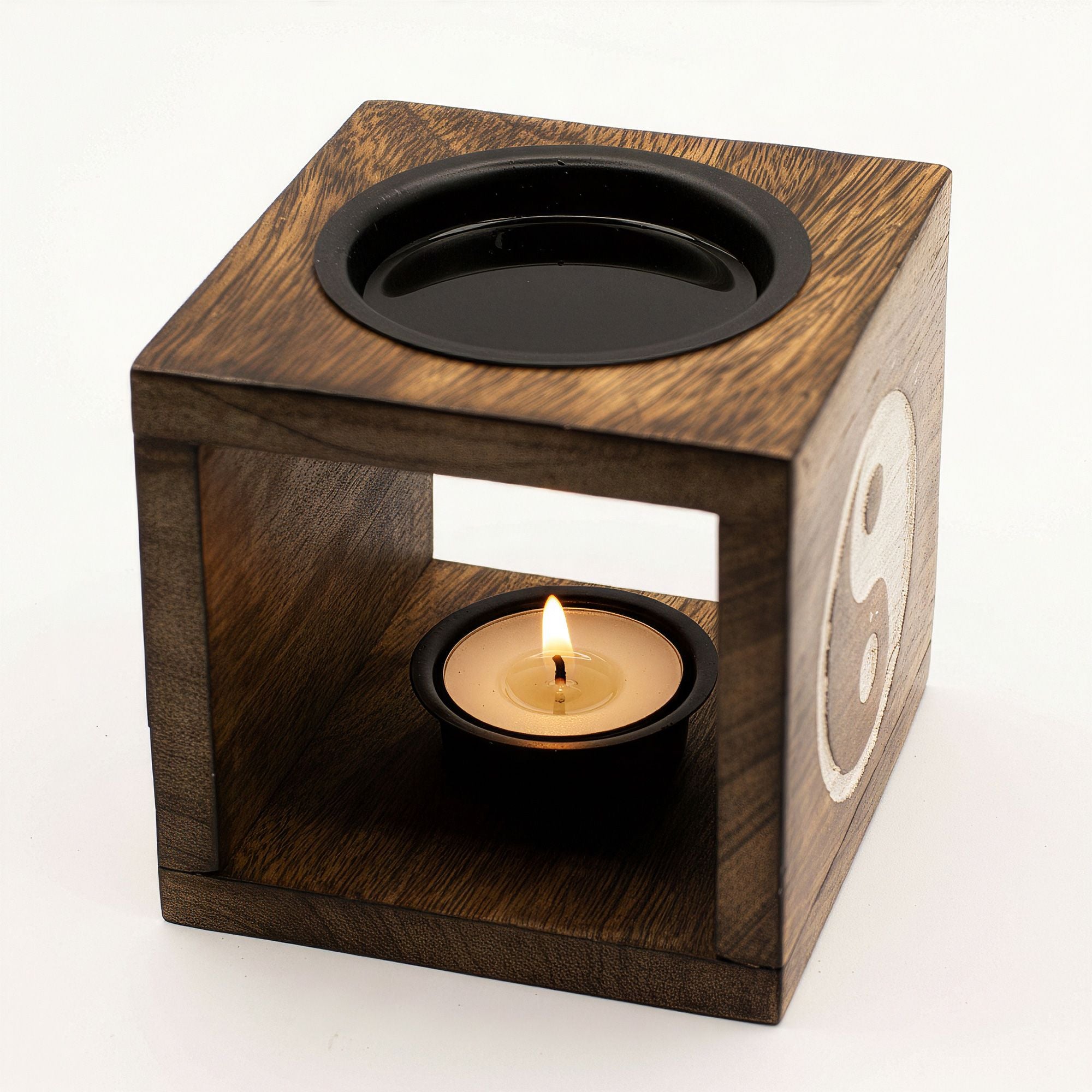 Square Mango Wood Oil Burner  - Yin Yang